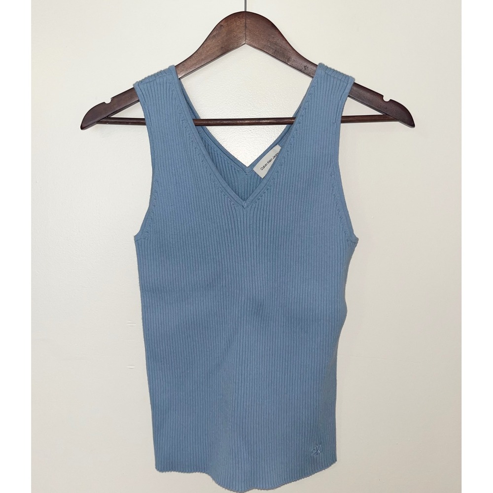 Calvin Klein Jeans Women Blue Ribbed V Neck‎ Sleeveless Tank Top CK | Large